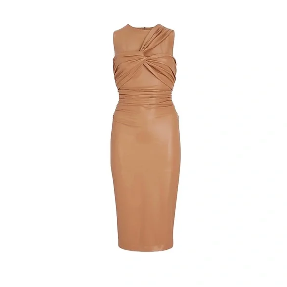 knee length dresses for ladies Chi Chi Halter Neck Bodycon Faux Leather Midi Dress in Wine in Red, Size 6 main image 0